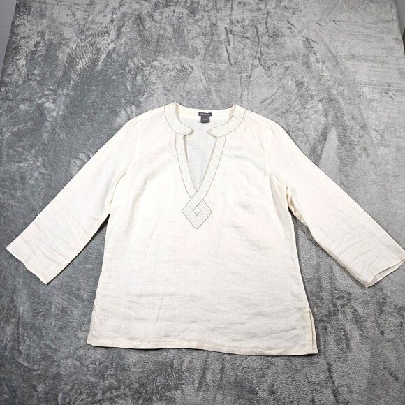 Ann Taylor Top Womens 8 Ivory Linen Beaded Beachy Boho Coastal Popover Tunic - Picture 1 of 8